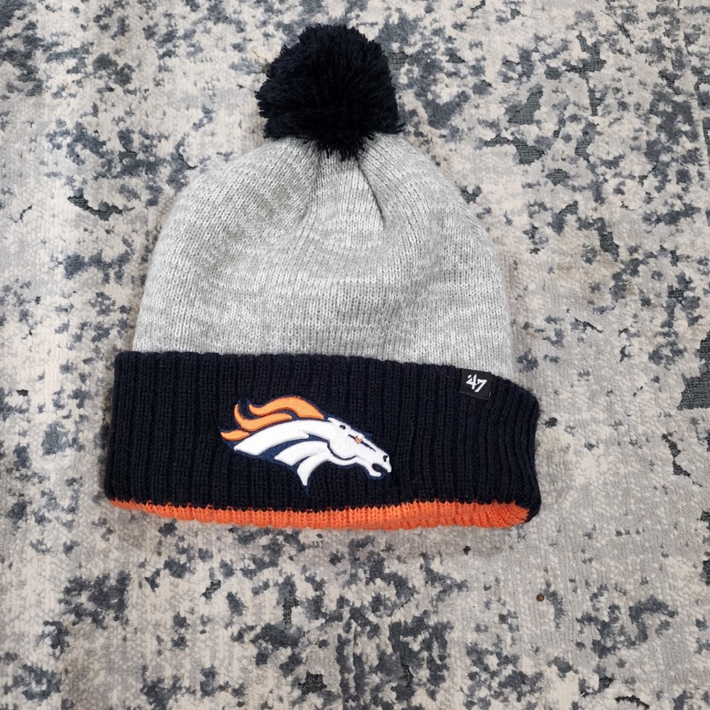 Denver Broncos 47 Brand NFL Knit Beanie Hat Pom Cuffed Gray Navy Orange Mens